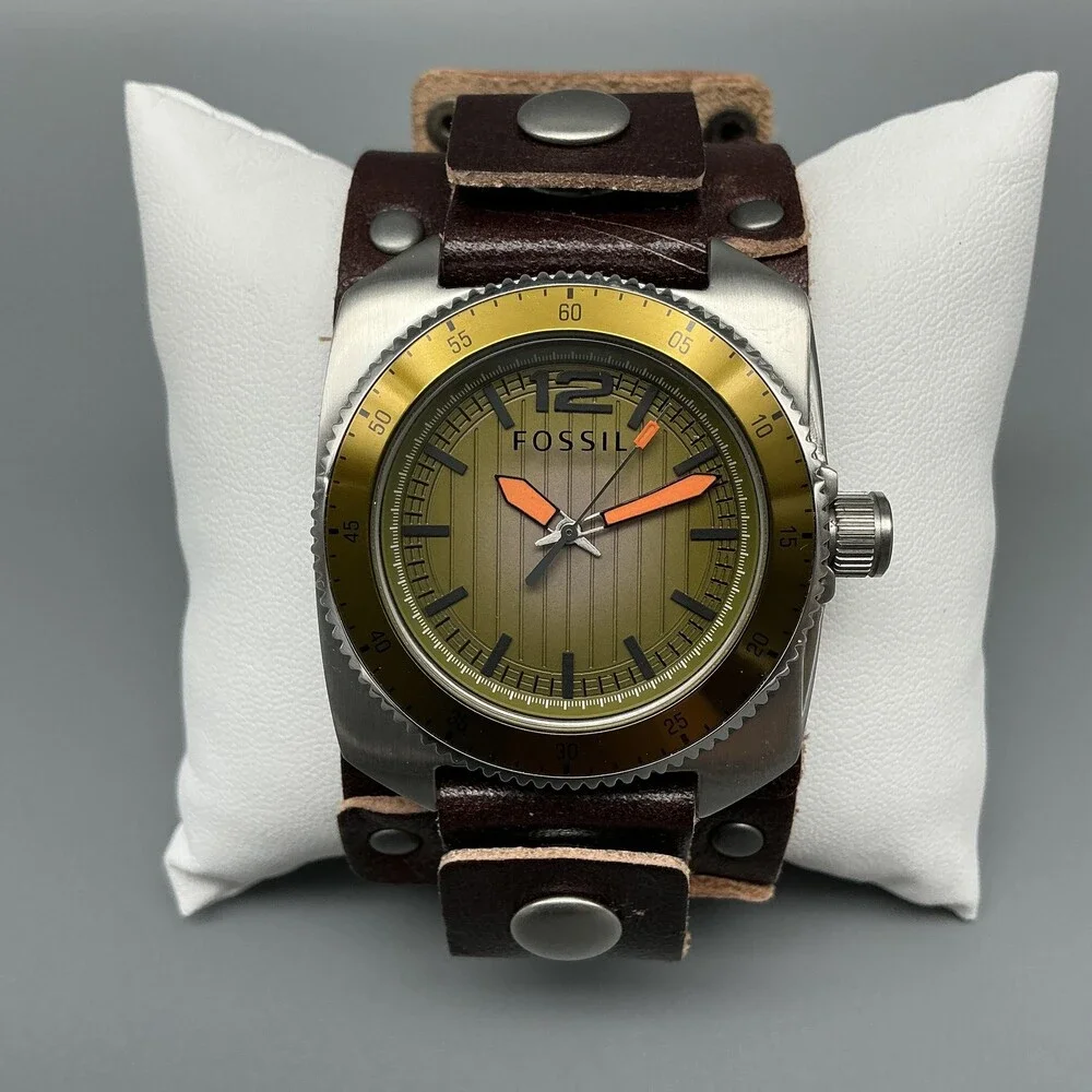 Fossil Mens Watch 38mm Bronze Dial Brown Bund Leather MB-1043 New Battery